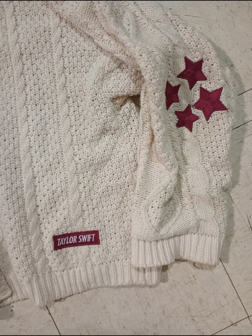 Taylor Swift Cream Knit Sweater with Maroon  Star Patches